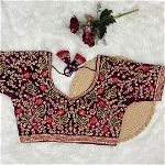 Wine Color Heavy Embroidery and Real Diamond Blouse with Front Open Style