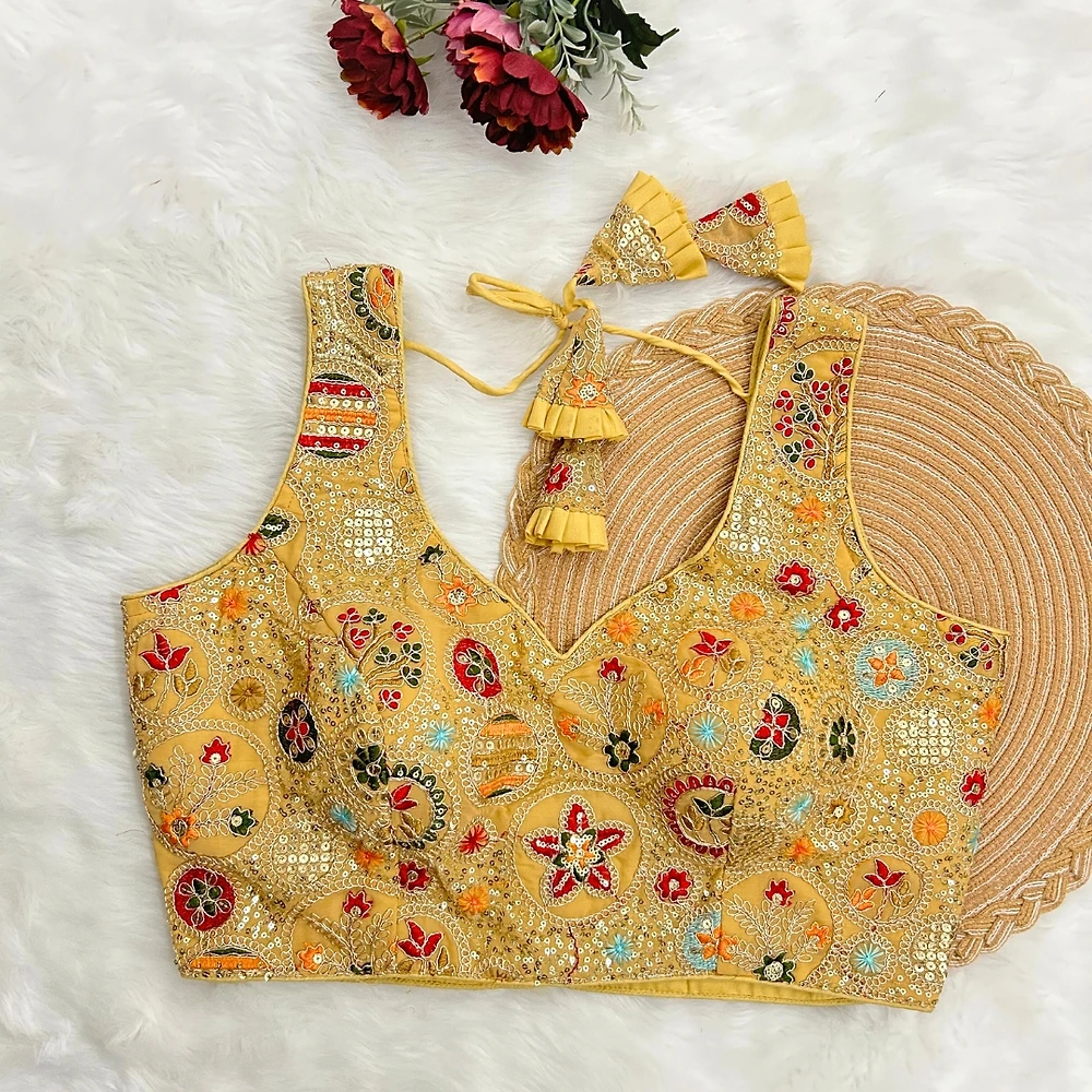 Lemon Yellow Color Heavy Codding Work Georgette Blouse — view 1