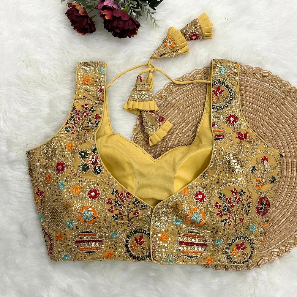 Lemon Yellow Color Heavy Codding Work Georgette Blouse — view 2