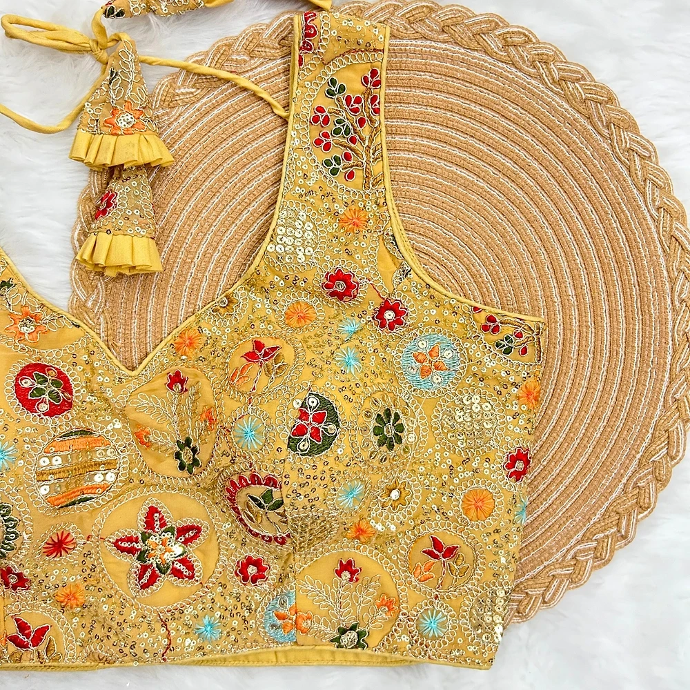 Lemon Yellow Color Heavy Codding Work Georgette Blouse — view 3