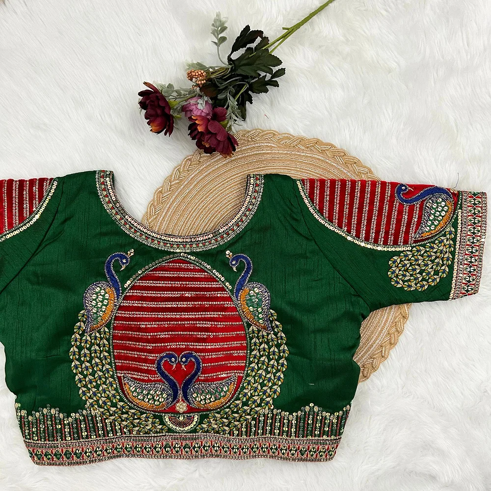 Peacock Green Color Heavy Embroidered Bridal Wedding Blouse — view 1