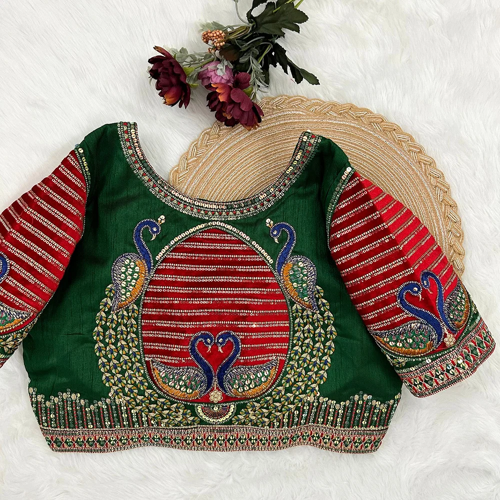 Peacock Green Color Heavy Embroidered Bridal Wedding Blouse — view 2