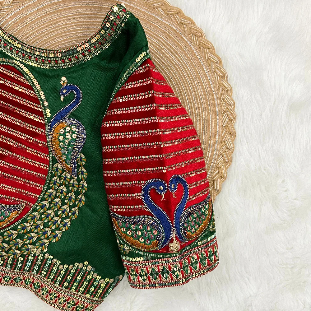 Peacock Green Color Heavy Embroidered Bridal Wedding Blouse — view 3