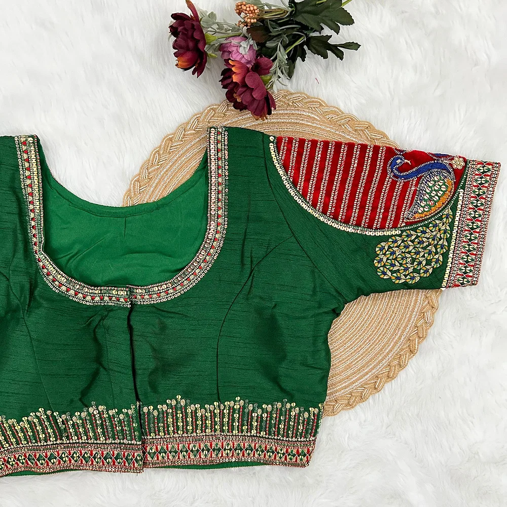 Peacock Green Color Heavy Embroidered Bridal Wedding Blouse — view 4