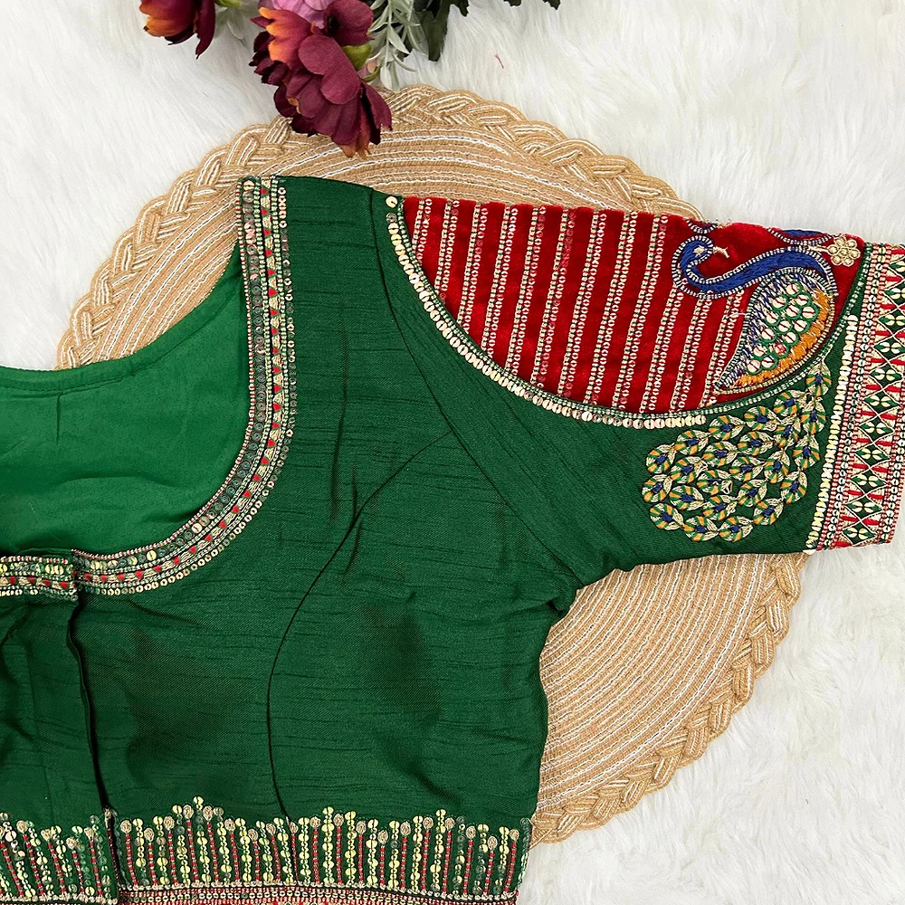 Peacock Green Color Heavy Embroidered Bridal Wedding Blouse — view 5