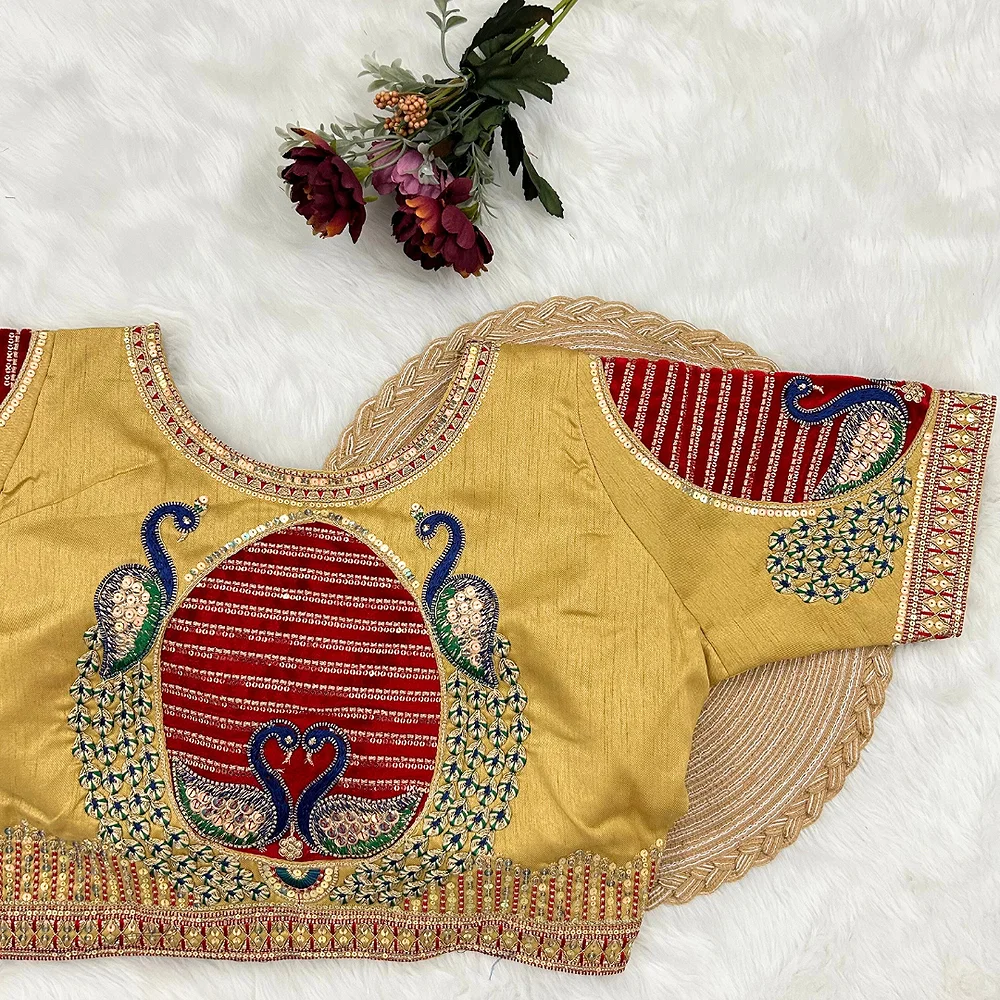Golden Color Heavy Embroidered Bridal Wedding Blouse — view 1