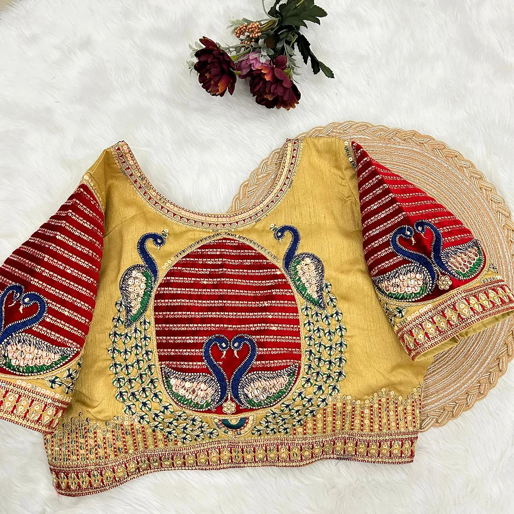 Golden Color Heavy Embroidered Bridal Wedding Blouse — view 2