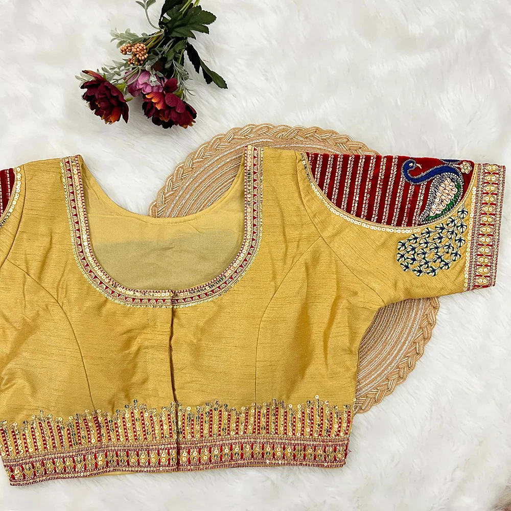 Golden Color Heavy Embroidered Bridal Wedding Blouse — view 4