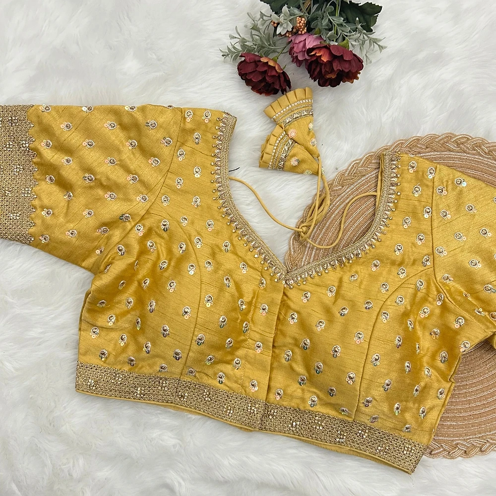 Yellow Color Thread Sequence Party Blouse — view 1