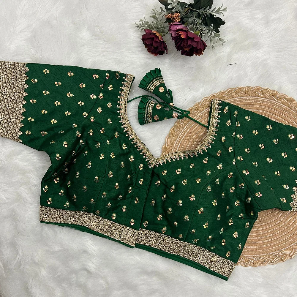 Bottle Green Color Thread Sequence Party Blouse — view 1