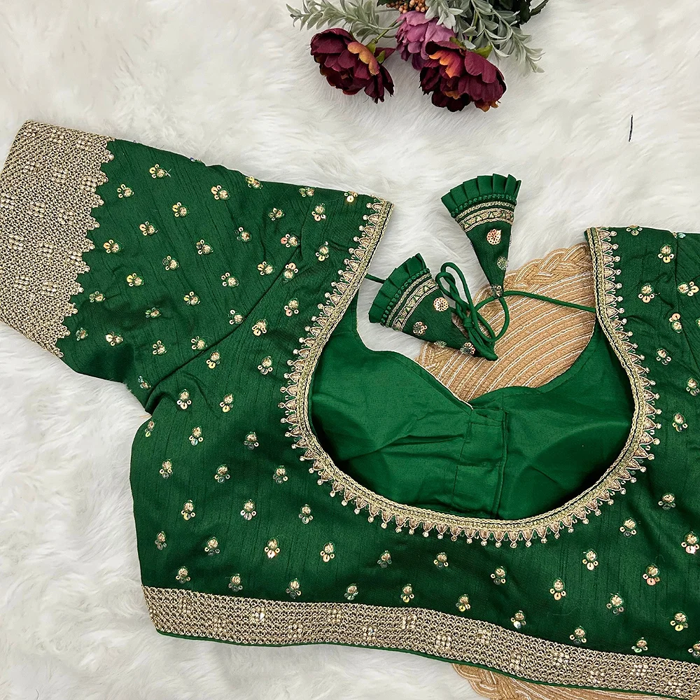 Bottle Green Color Thread Sequence Party Blouse — view 2