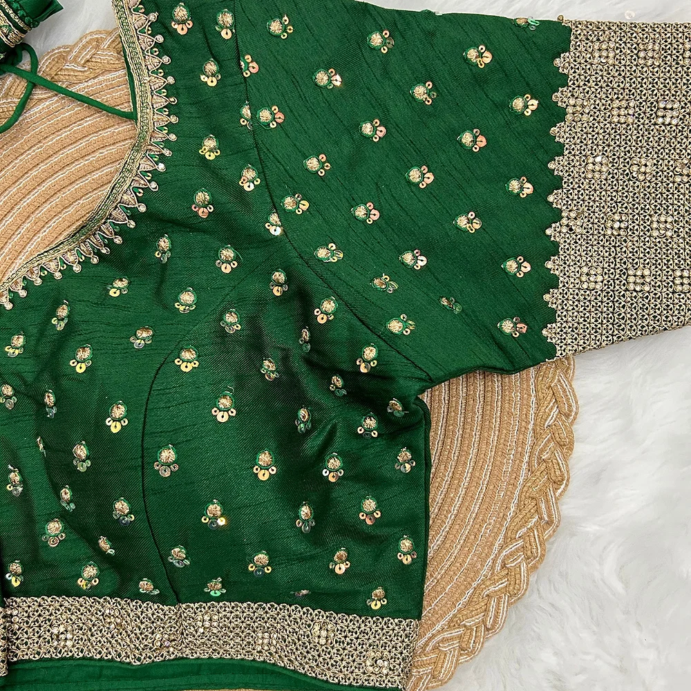 Bottle Green Color Thread Sequence Party Blouse — view 3