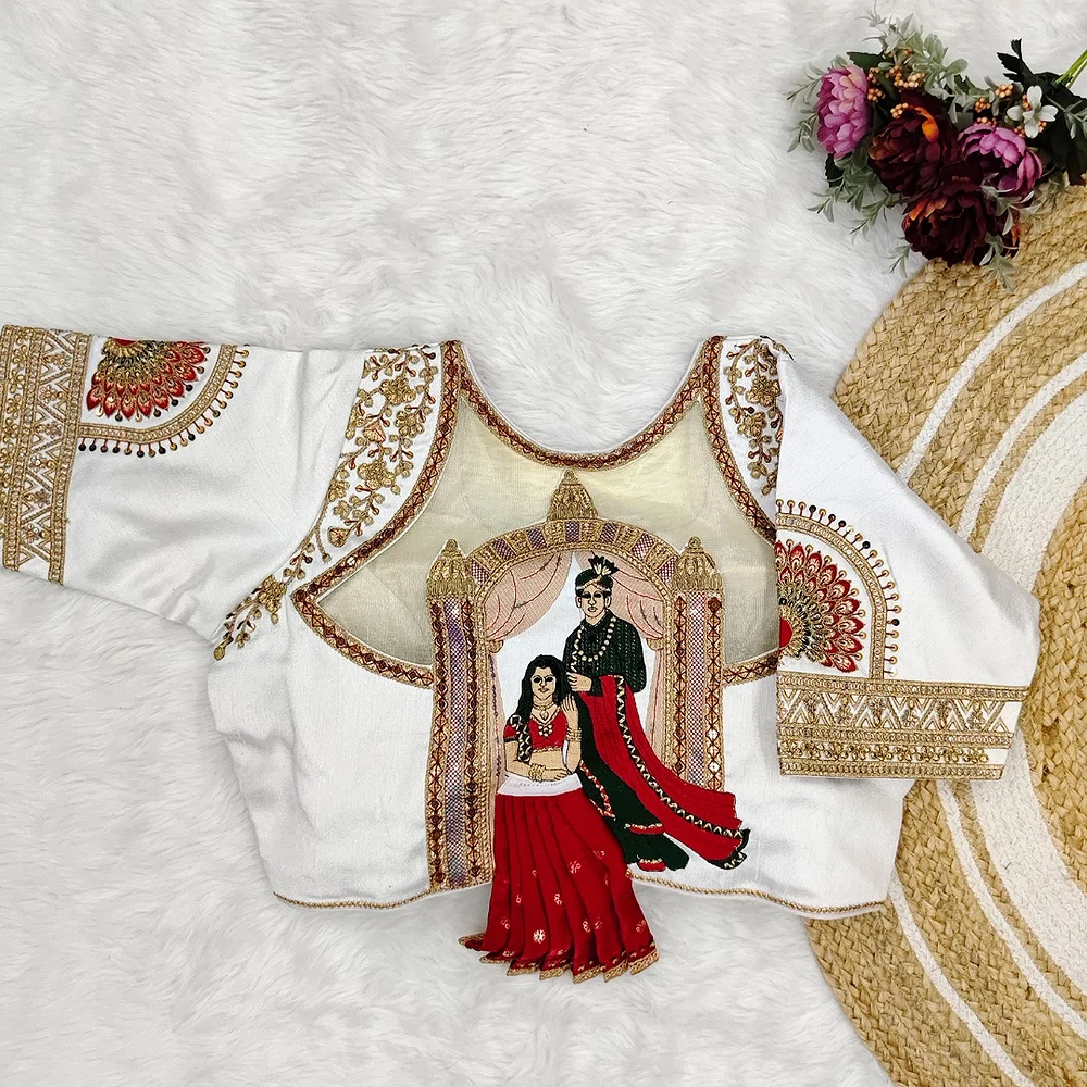 White Color Bridal Blouse with Heavy Embroidery and 3D Barbie Design — view 1