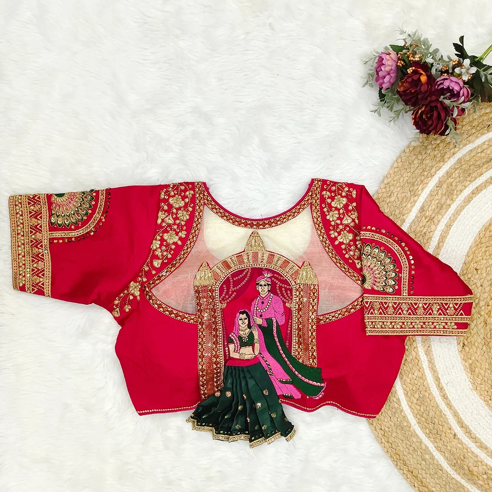 Rani Color Bridal Blouse with Heavy Embroidery and 3D Barbie Design — view 1