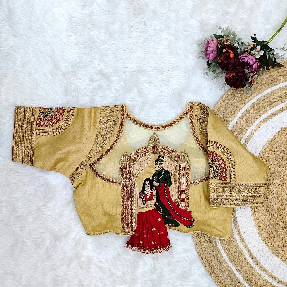 Golden Color Bridal Blouse with Heavy Embroidery and 3D Barbie Design — view 1