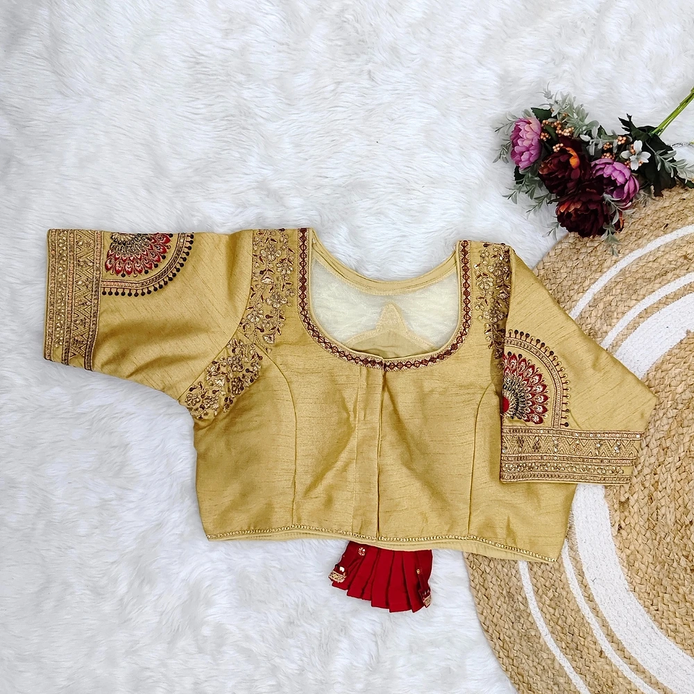 Golden Color Bridal Blouse with Heavy Embroidery and 3D Barbie Design — view 2