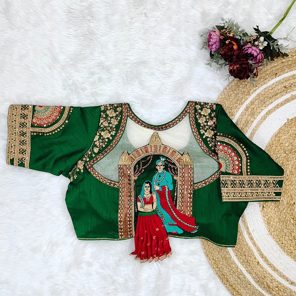 Green Color Bridal Blouse with Heavy Embroidery and 3D Barbie Design — view 1