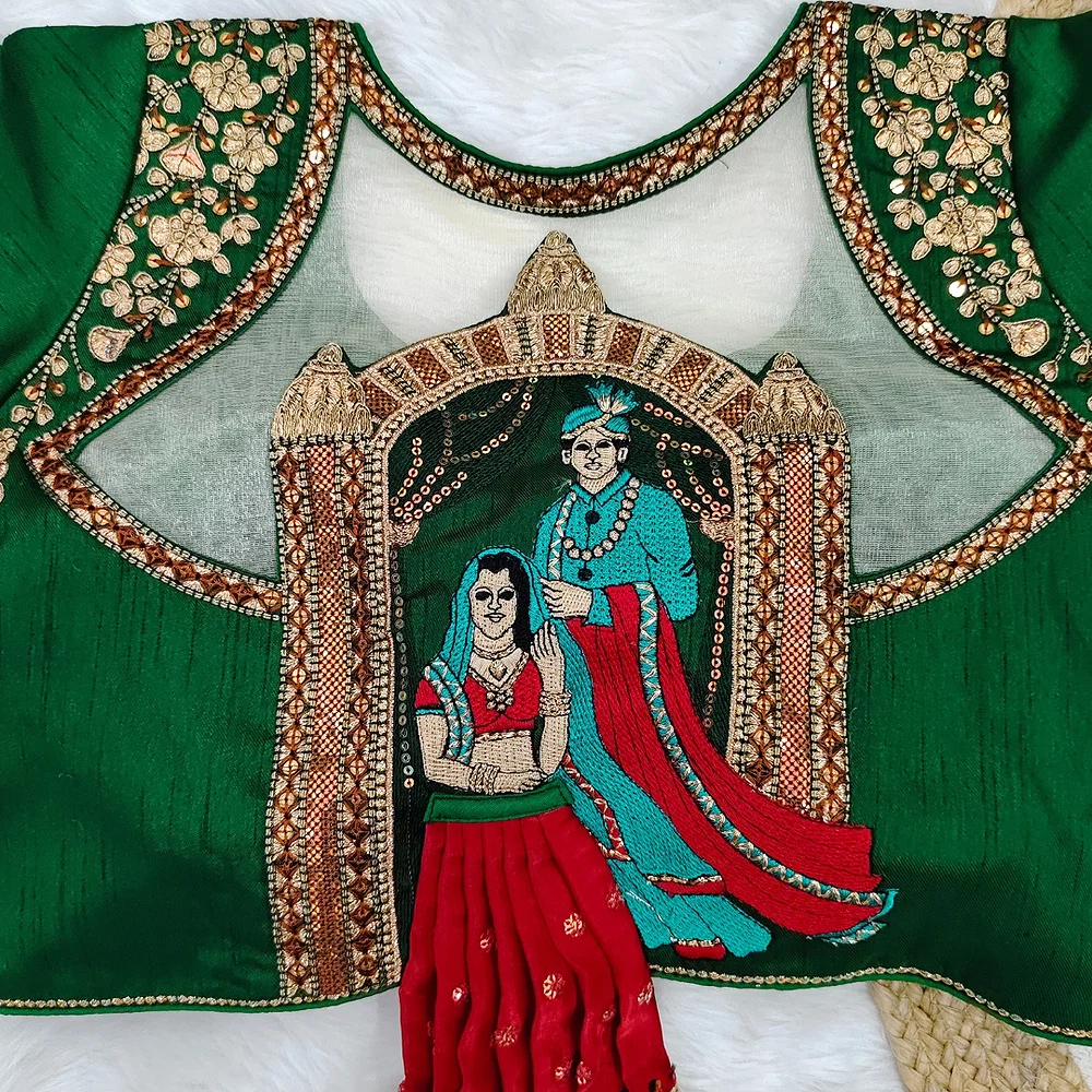 Green Color Bridal Blouse with Heavy Embroidery and 3D Barbie Design — view 2