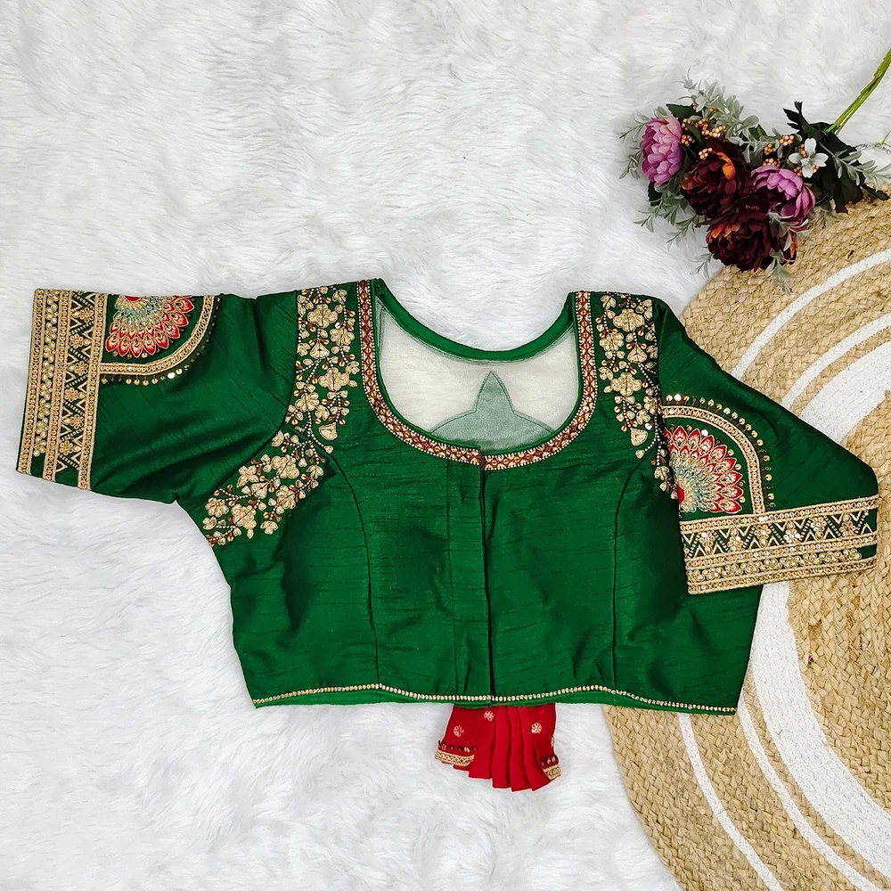 Green Color Bridal Blouse with Heavy Embroidery and 3D Barbie Design — view 3