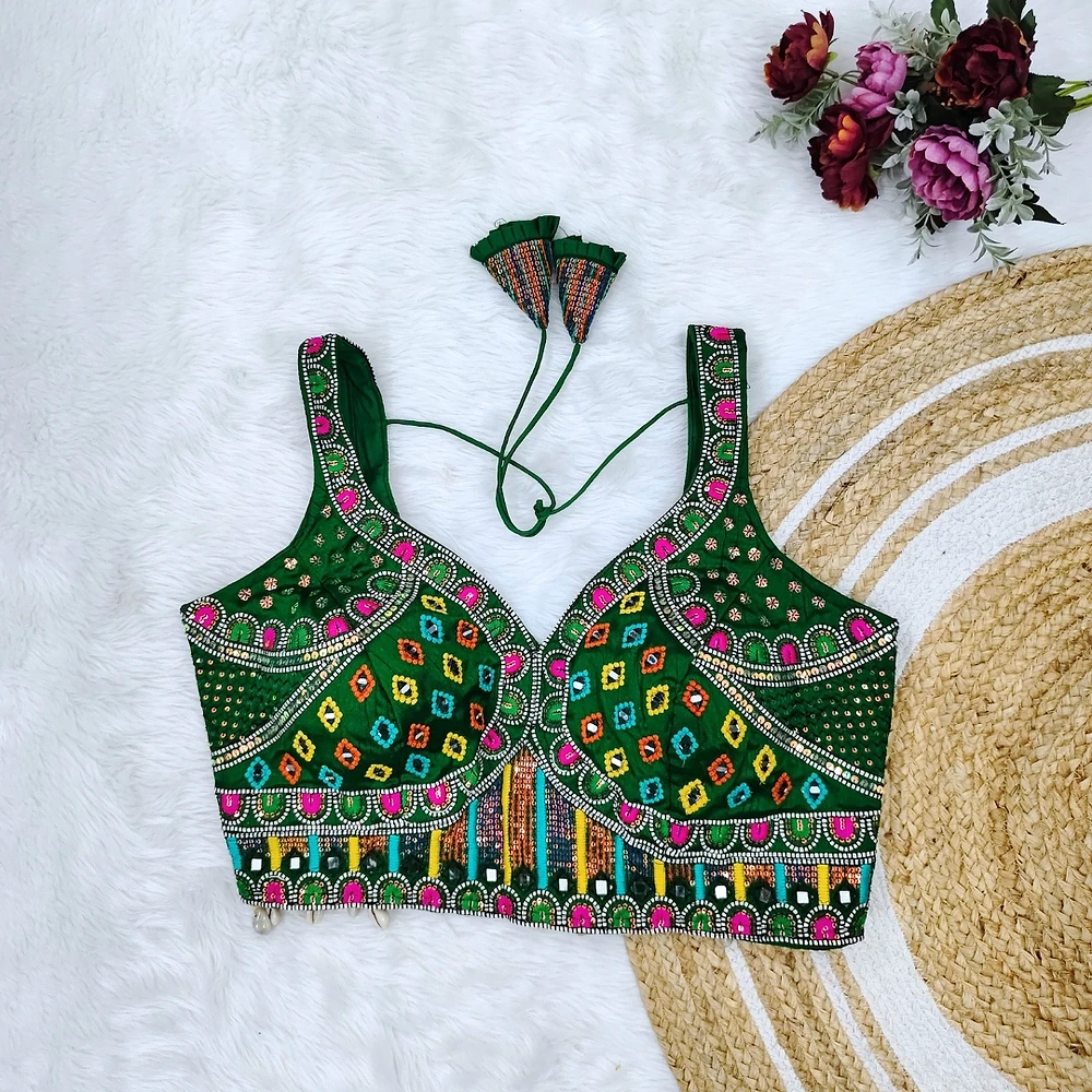 Green Color Handwork Kutchi Work Blouse — view 1