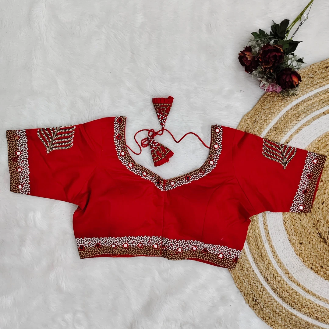 Red Color Heavy Thread Embroidery Handcrafted Blouse with Hand Work
