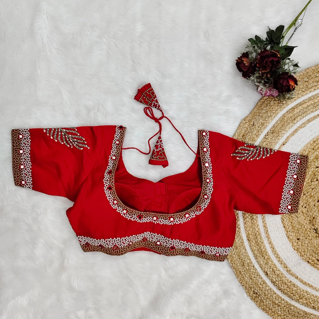 Red Color Heavy Thread Embroidery Handcrafted Blouse with Hand Work
