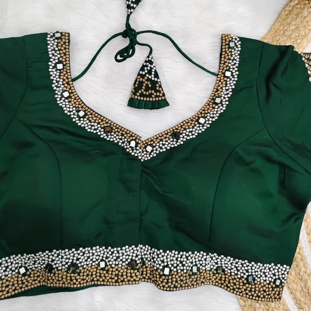 Dark Green Color Heavy Thread Embroidery Handcrafted Blouse with Hand Work