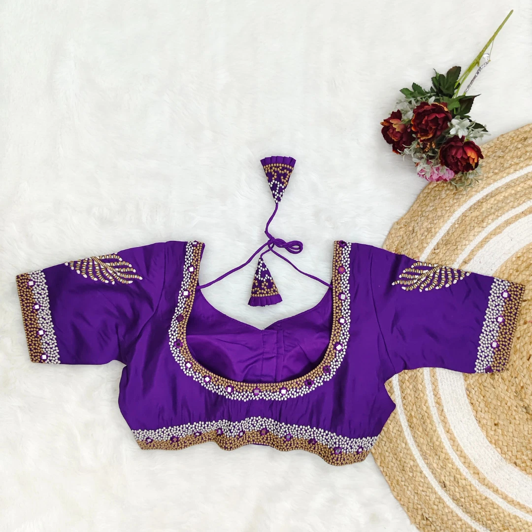 Violet Color Heavy Thread Embroidery Handcrafted Blouse With Hand Work