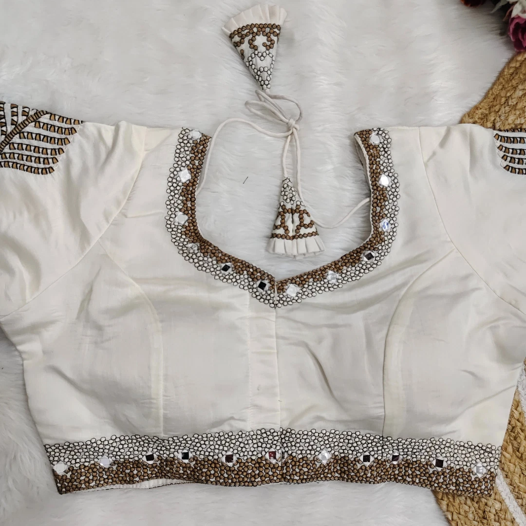 White Color Heavy Thread Embroidery Handcrafted Blouse With Hand Work