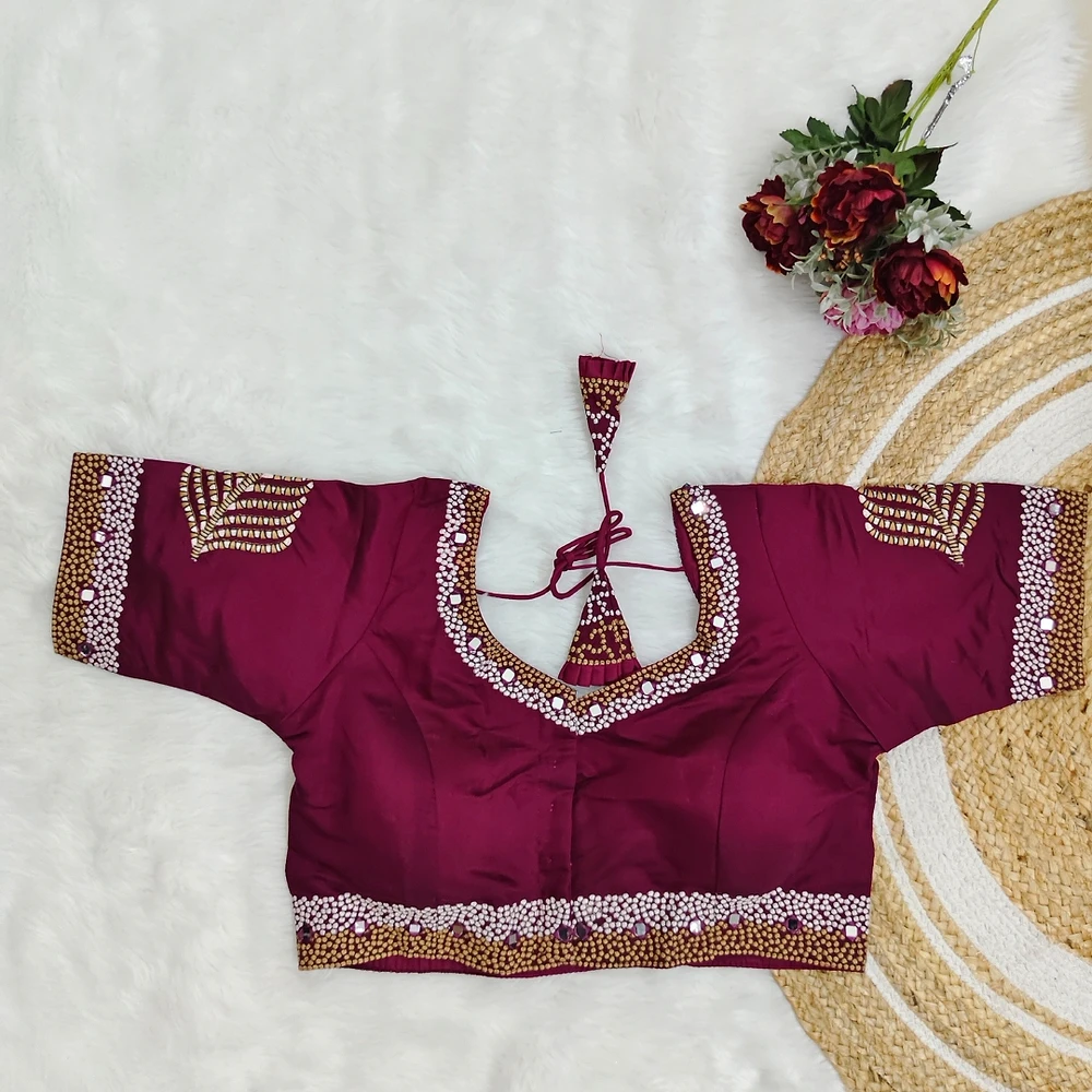 Wine Color Heavy Thread Embroidery Handcrafted Blouse With Hand Work — view 1