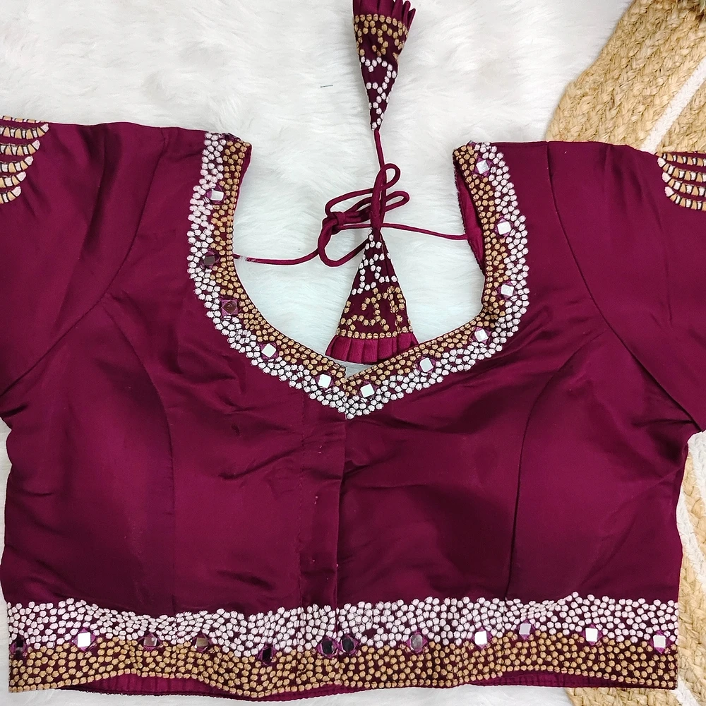 Wine Color Heavy Thread Embroidery Handcrafted Blouse With Hand Work — view 3