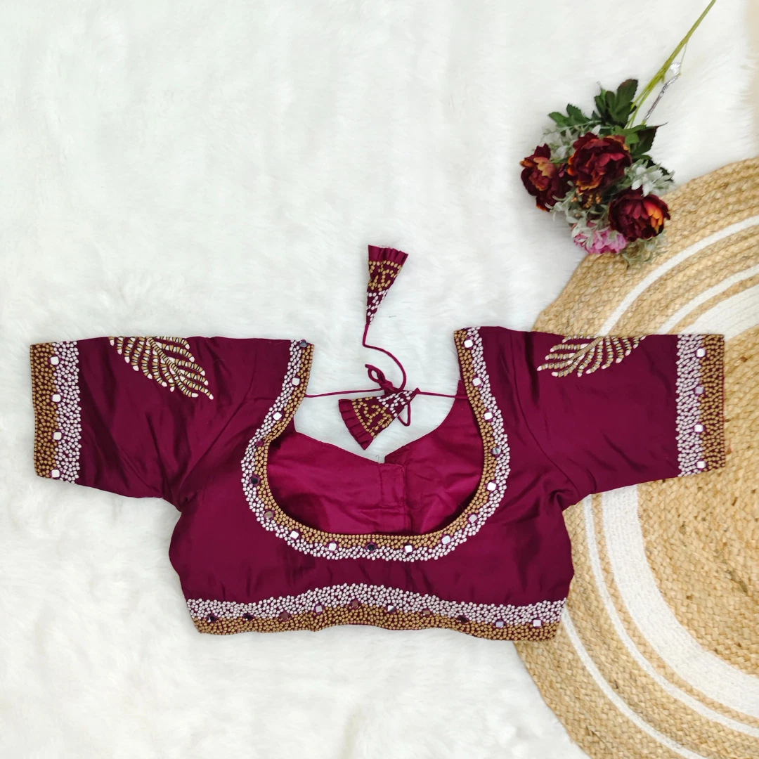Wine Color Heavy Thread Embroidery Handcrafted Blouse With Hand Work