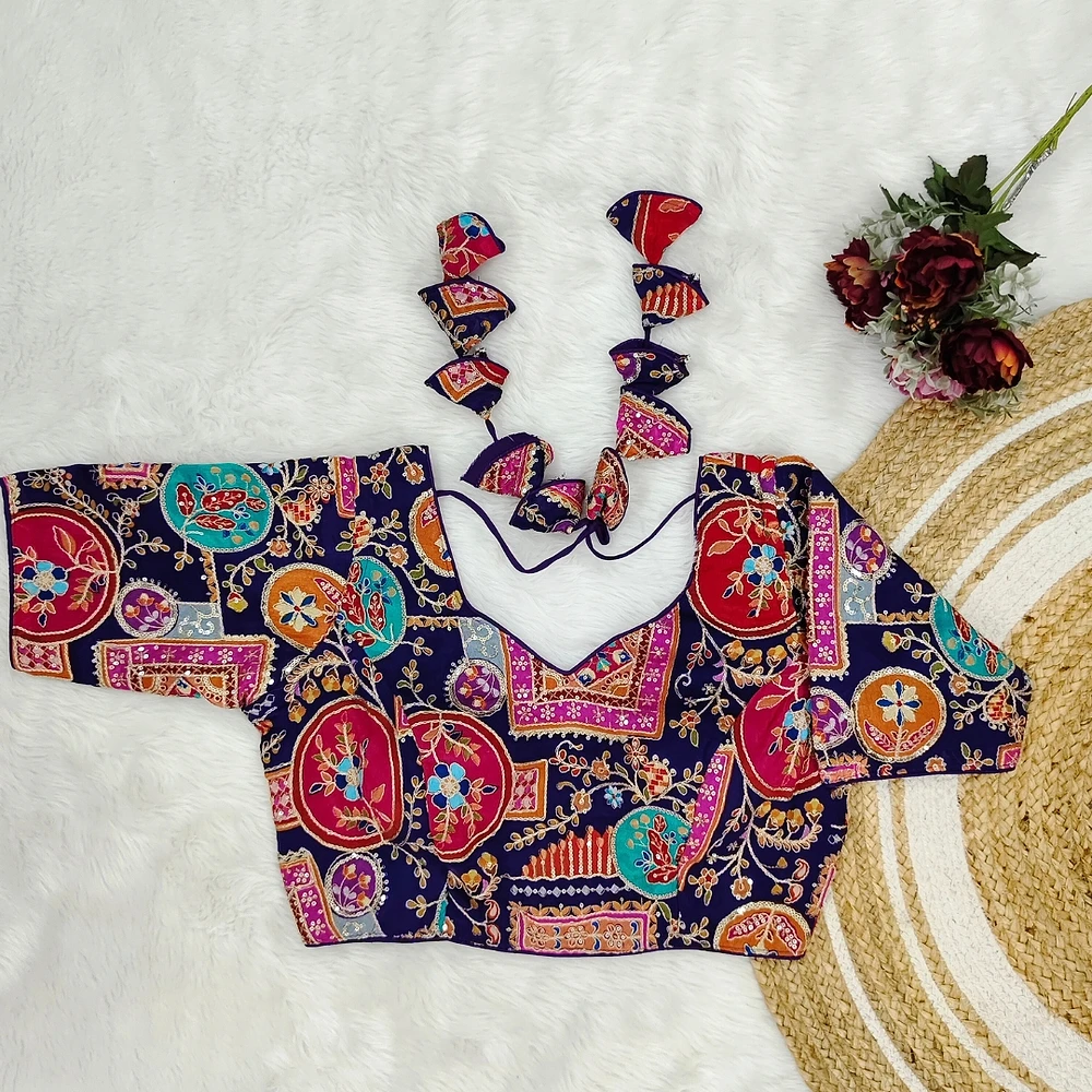 Navy Color Digital Print Blouse For Navratri   — view 1