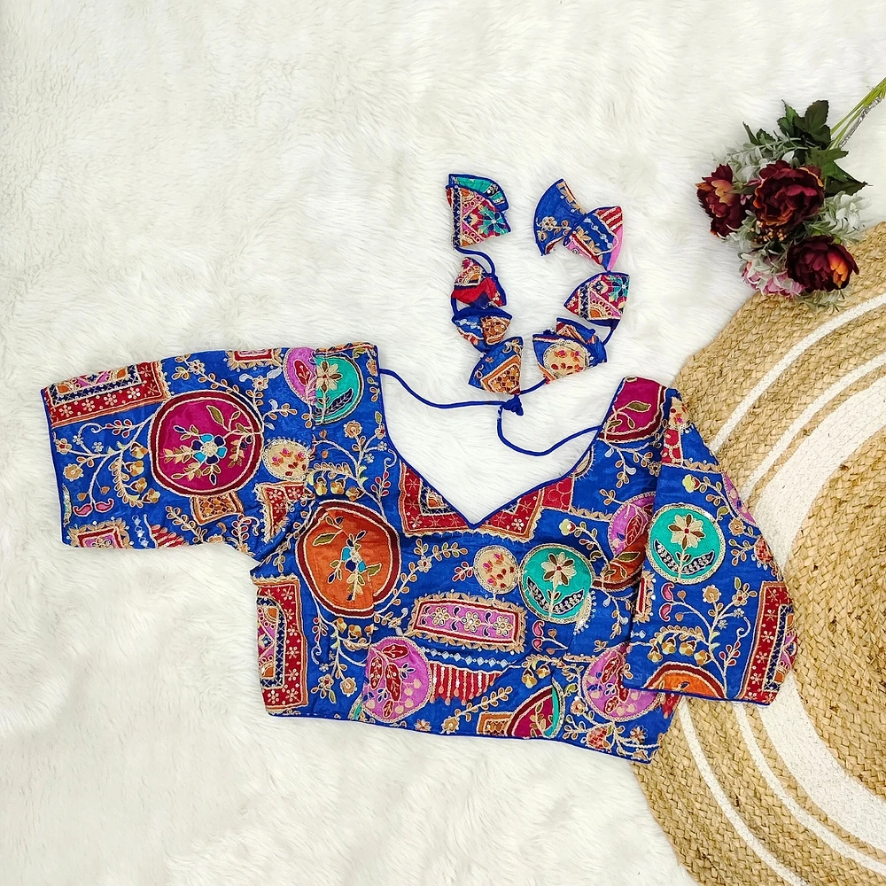 Royal Blue Color Digital Print Blouse For Navratri   — view 1