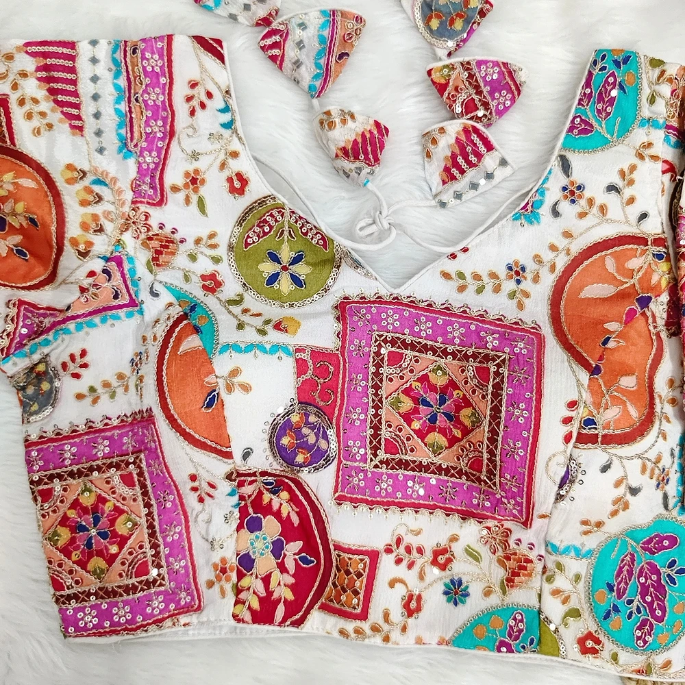 White Color Digital Print Blouse For Navratri   — view 3