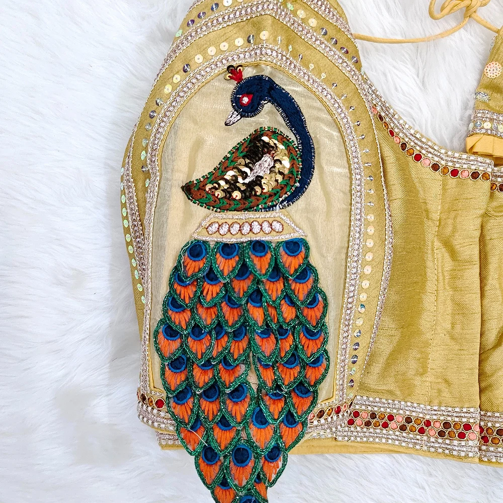Golden Color 3D Peacock Italian Silk Heavy Sleeve Blouse — view 3