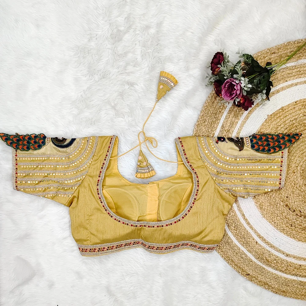 Golden Color 3D Peacock Italian Silk Heavy Sleeve Blouse — view 4