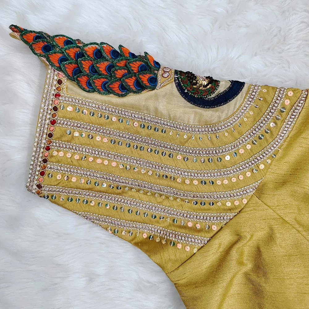 Golden Color 3D Peacock Italian Silk Heavy Sleeve Blouse — view 2