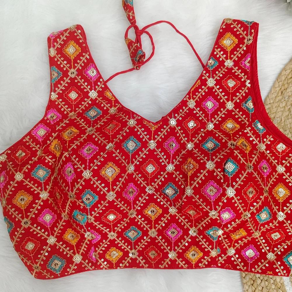 Red Color Georgette Fabric Multi Embroidery Work  — view 3