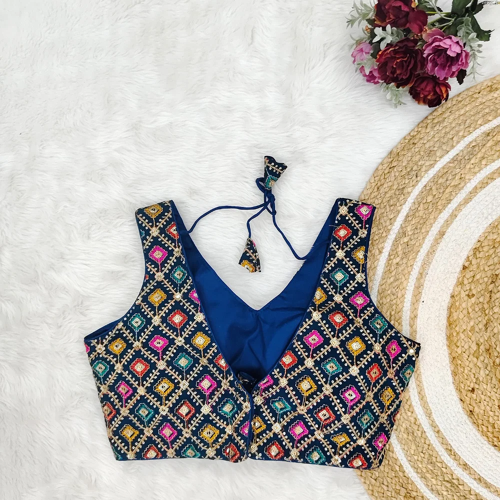 Royal Blue Color Georgette Fabric Multi Embroidery Work  — view 2