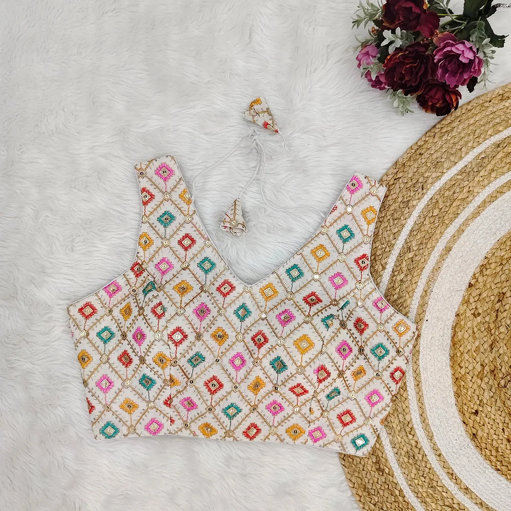 White Color Georgette Fabric Multi Embroidery Work  — view 1