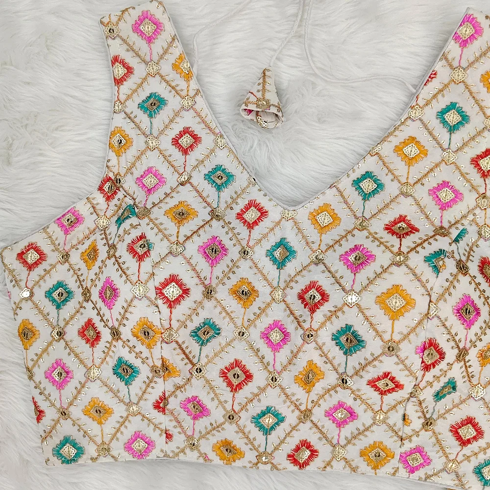 White Color Georgette Fabric Multi Embroidery Work  — view 3
