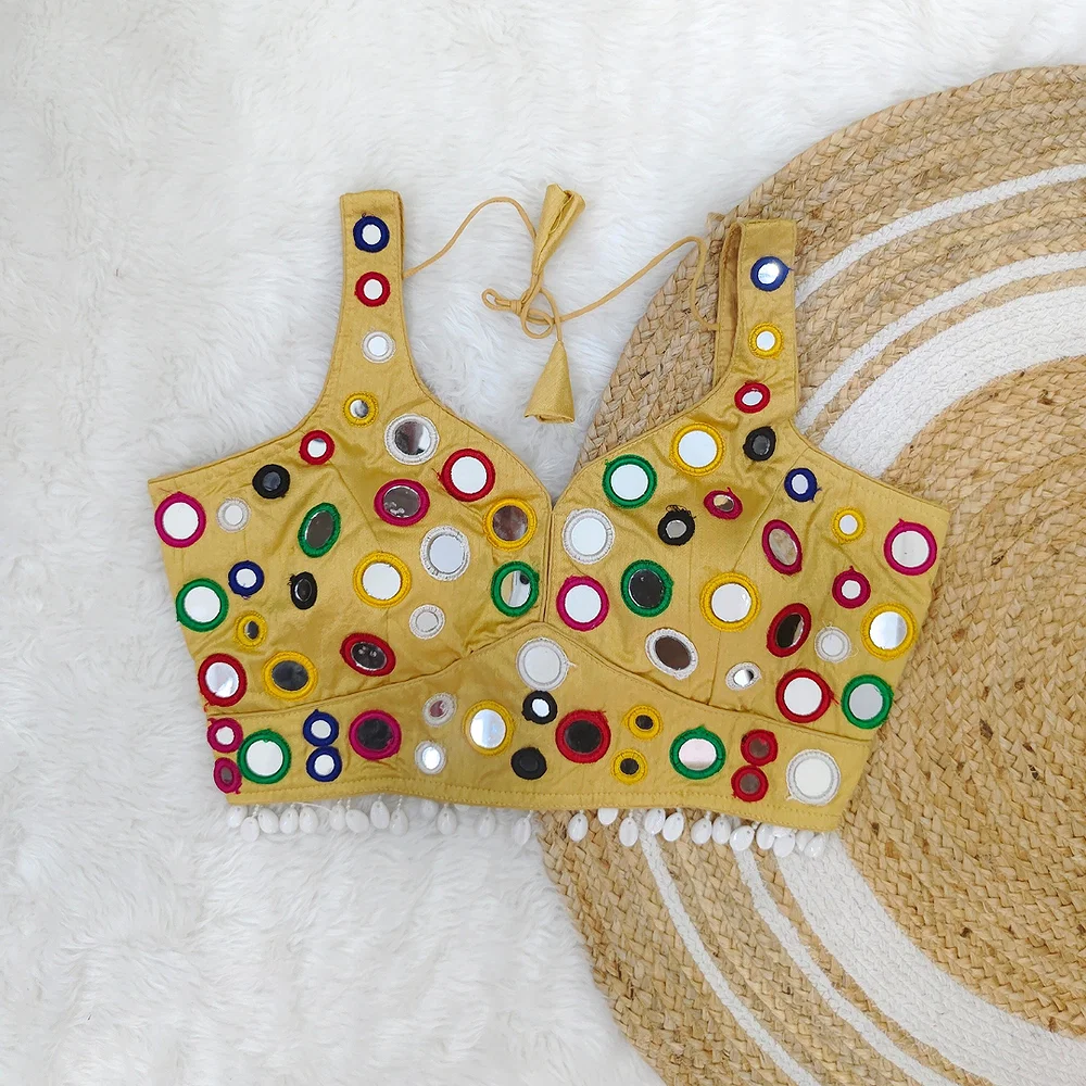 Golden Traditional Navratri Special Multi-Mirror Work Blouse — view 1