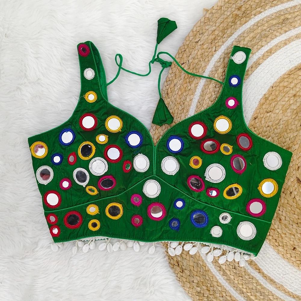 Green Traditional Navratri Special Multi-Mirror Work Blouse — view 1