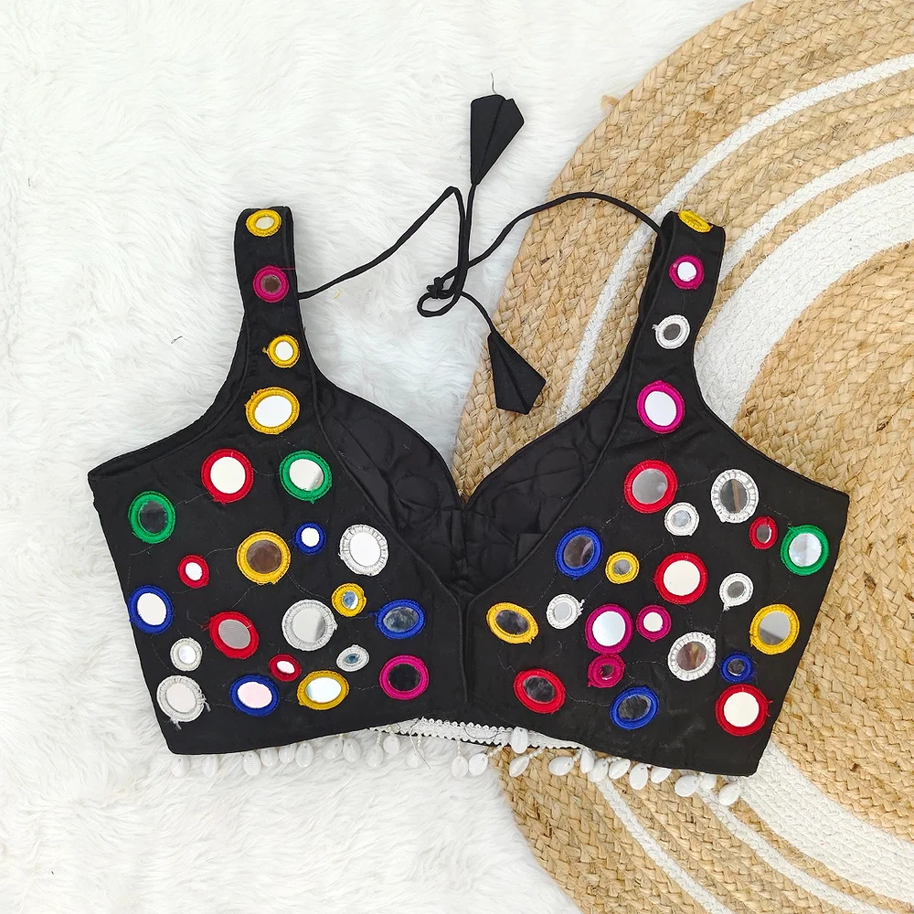 Black Traditional Navratri Special Multi-Mirror Work Blouse — view 3