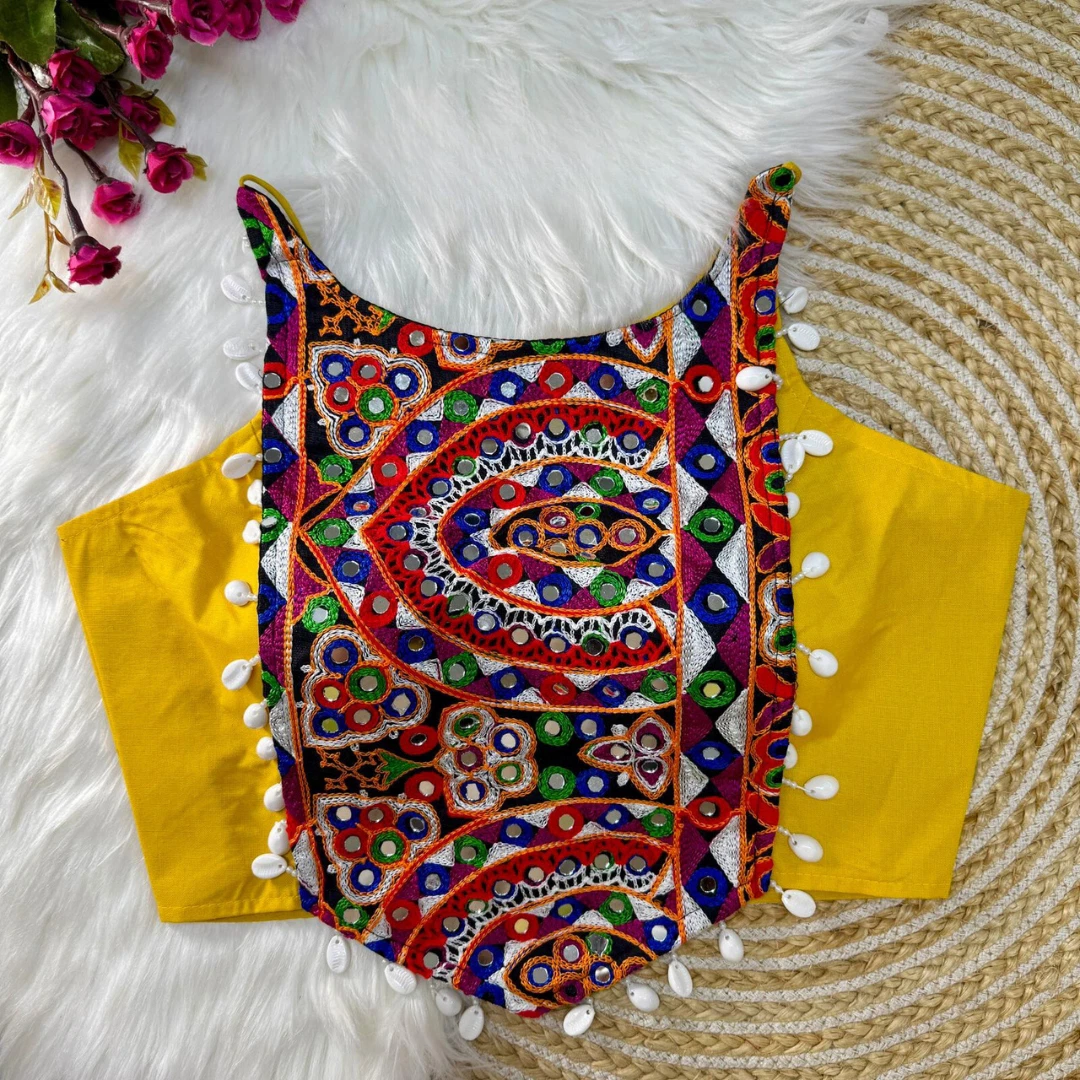 Yellow Color Sleeveless Blouse with Kaudi Lace Heavy Embroidery & Hand Mirror Work.