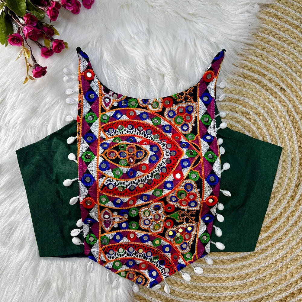 Green Color Sleeveless Blouse with Kaudi Lace Heavy Embroidery & Hand Mirror Work. — view 1