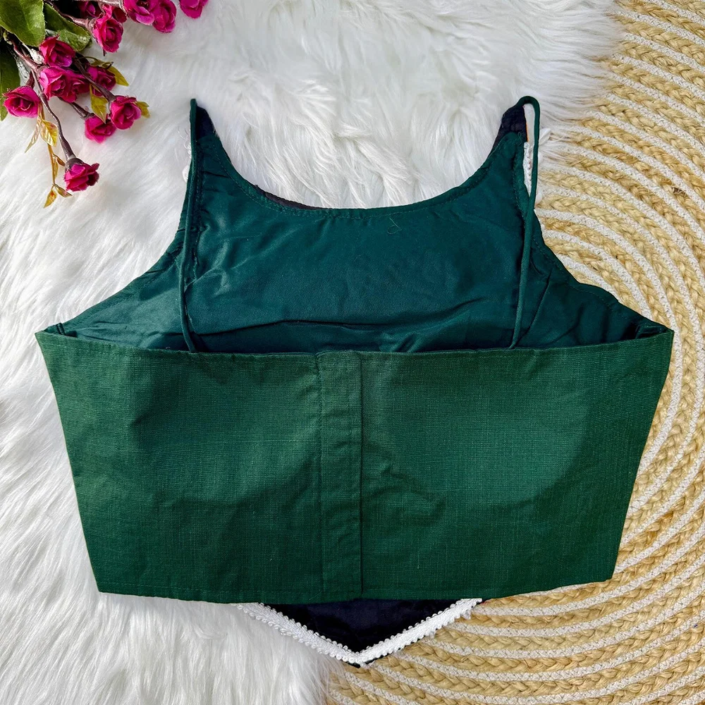 Green Color Sleeveless Blouse with Kaudi Lace Heavy Embroidery & Hand Mirror Work. — view 2