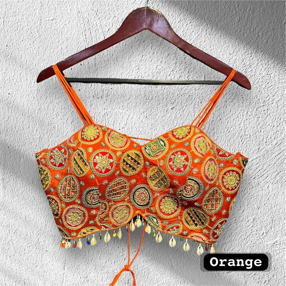 Orange Colour Navratri Special Spaghetti Style Real Shell Blouse — view 1