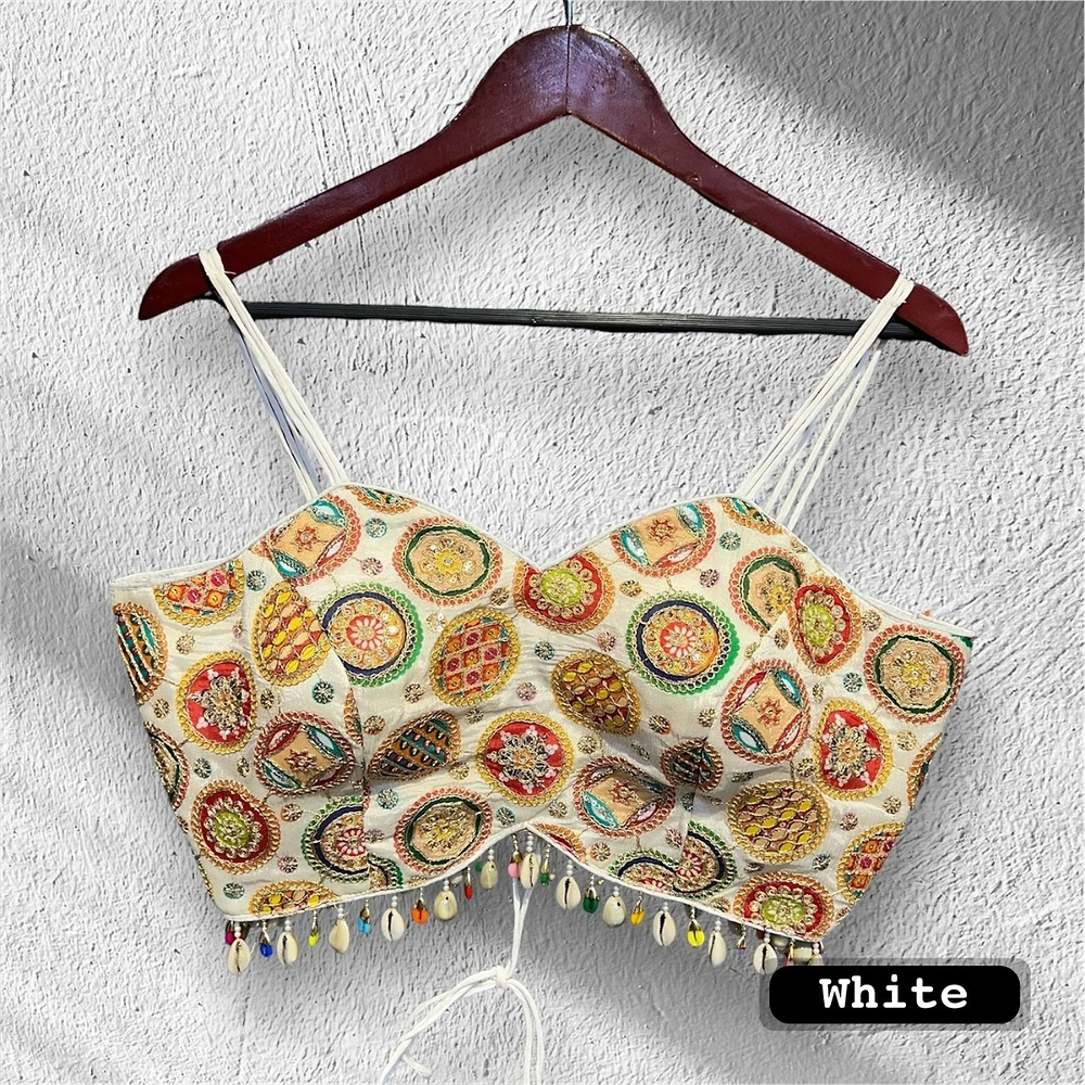 White Colour Navratri Special Spaghetti Style Real Shell Blouse — view 1